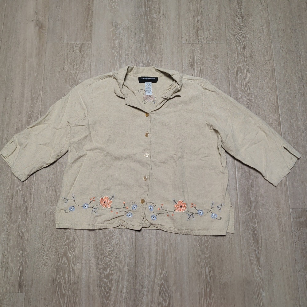 Sag Harbor Floral Embroidered‎ Blouse Size 18W Beige Linen Blend 3/4 Sleeve